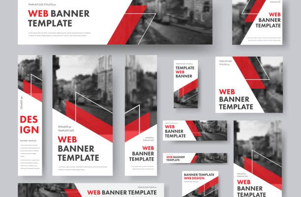 set of web banners of different sizes with diagonal red elements and a place for photos. Vector Templates for Web
